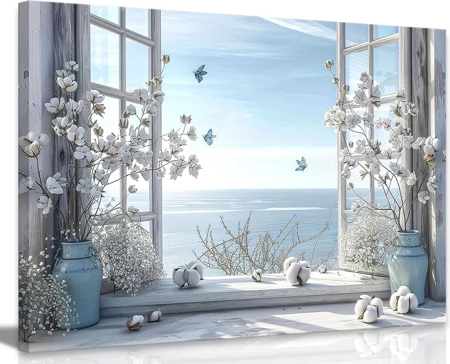 Birnsen Coastal Flower Bathroom Canvas Wall Art Cotton Bouquet and Butterfly Open Window Ocean View Wall Decor, Farmhous