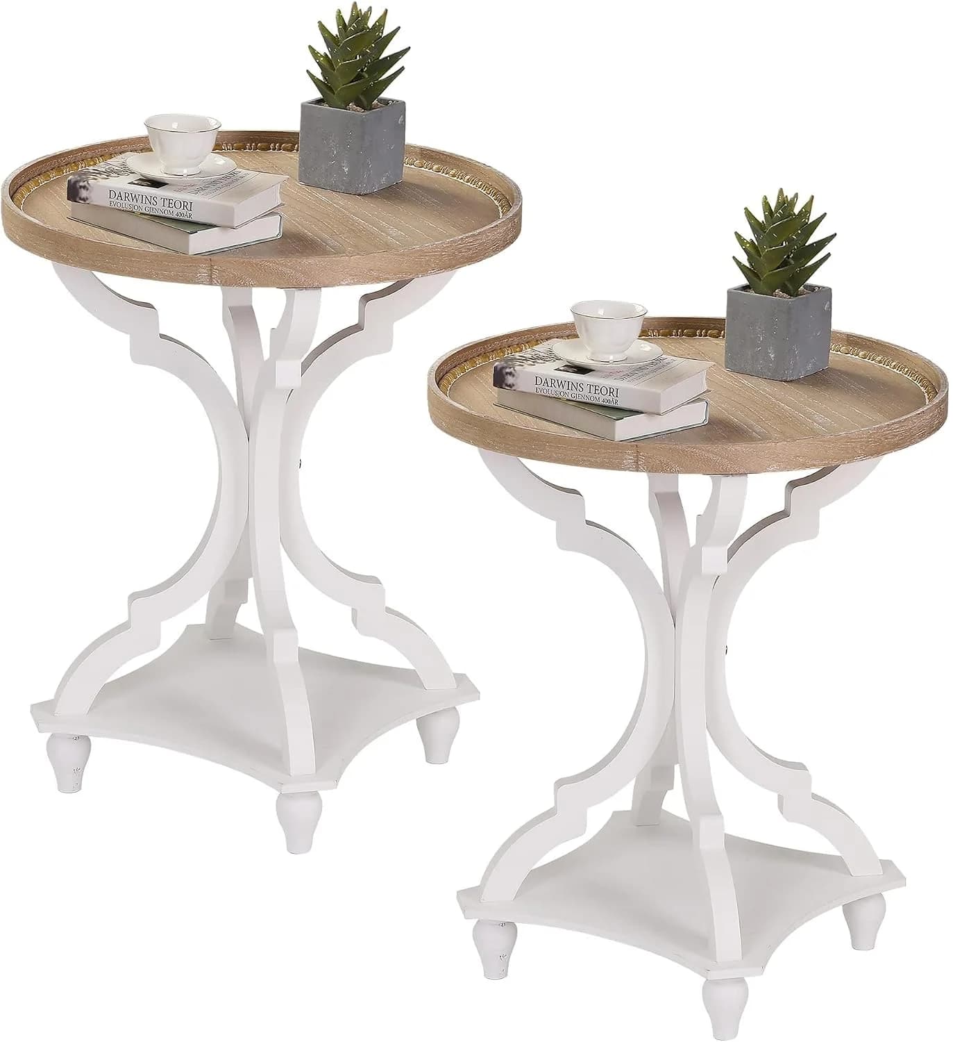 Wnutrees Farmhouse Round Accent End Table, Rustic Side Table,Set of 2,White