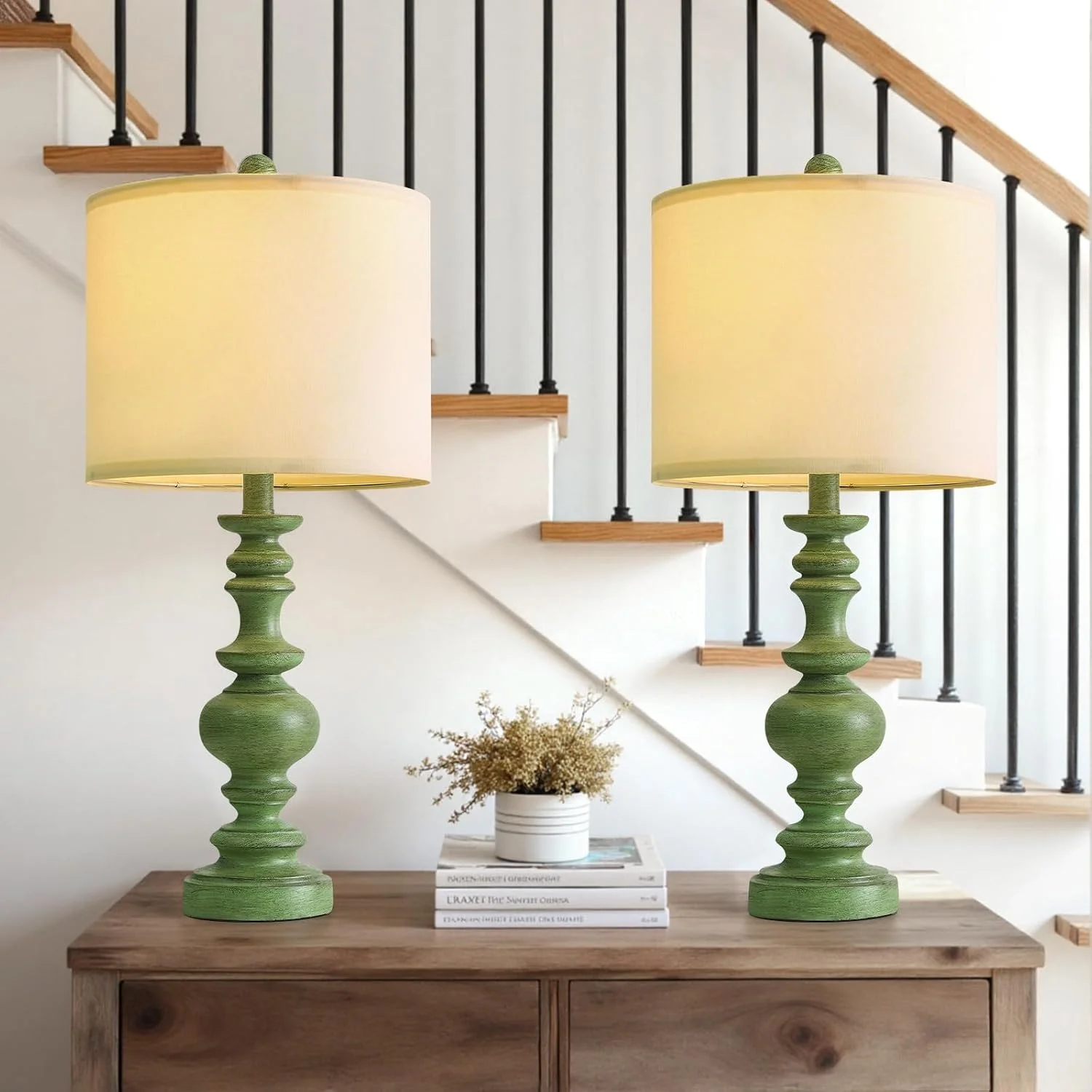 BOBOMOMO 24" Farmhouse Table Lamps Set of 2 – Sage Green Bedside Lamps with Linen Shades, Medium Traditional Lamps for L
