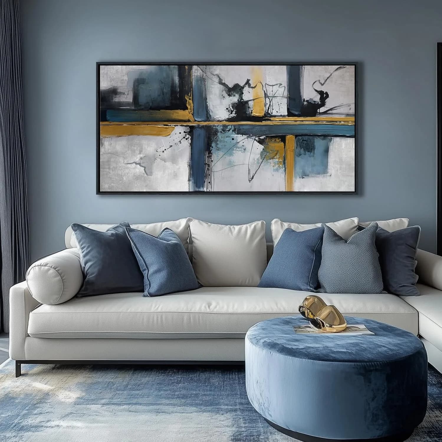 Abstract Canvas Wall Art Framed Modern Wall Art for Living Room Navy Blue Artwork for Walls, Above Bed Wall Decor With N