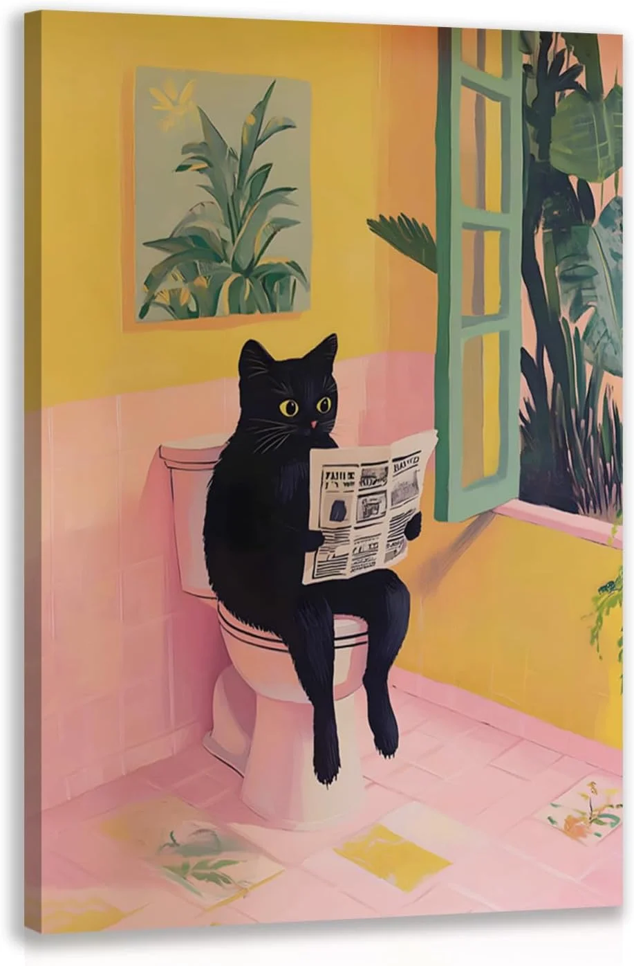 Cyebmo Funny Bathroom Wall Art, Cute Black Cat Sitting on Toilet Reading Newspaper Wall Decor, Whimsical Pink Abstract A