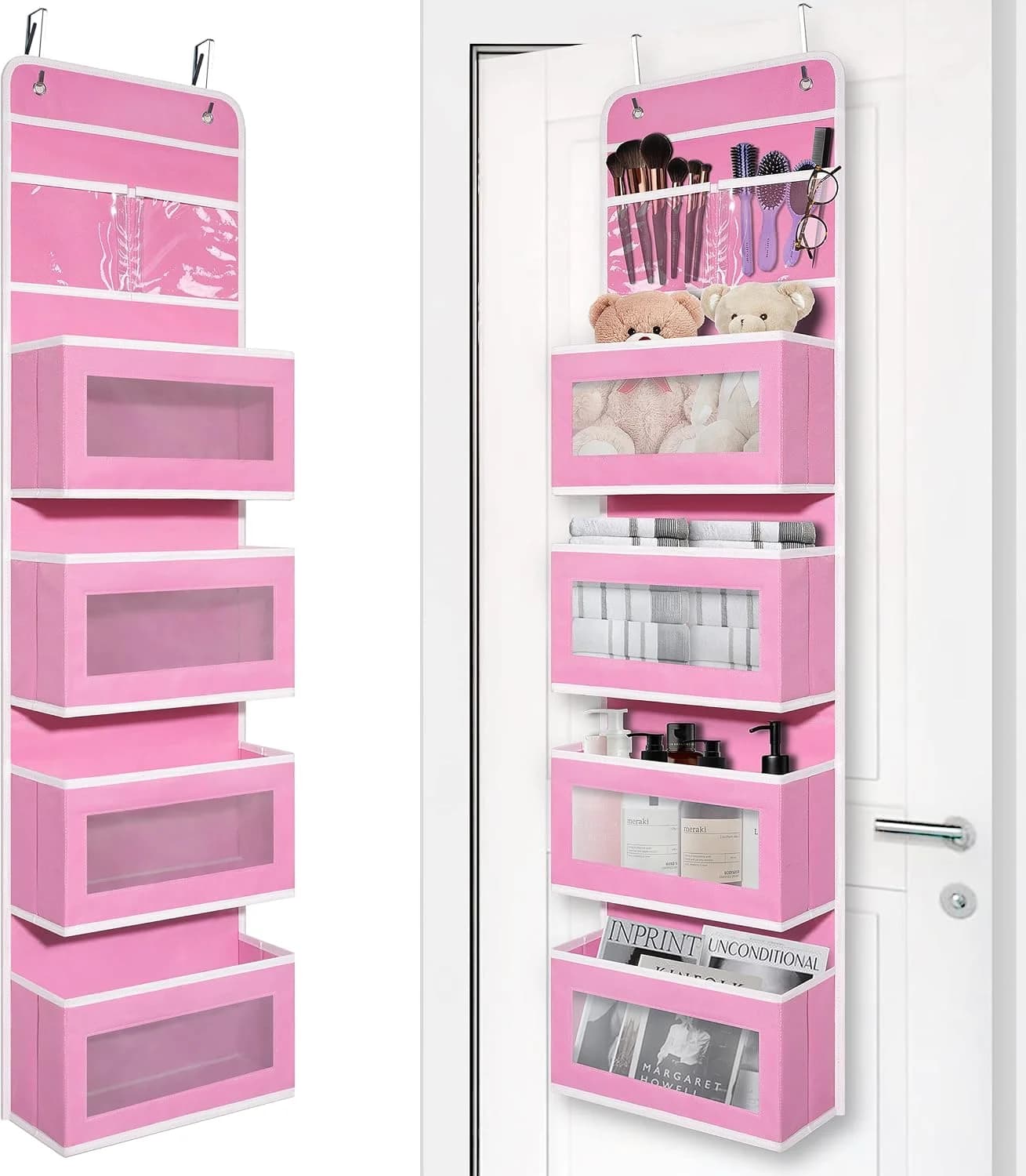 Giraffe Creation Pink Over Door Organizer with 4 Large Clear Pockets, Hanging Door Storage for Nursery, Bedroom, Bathroo
