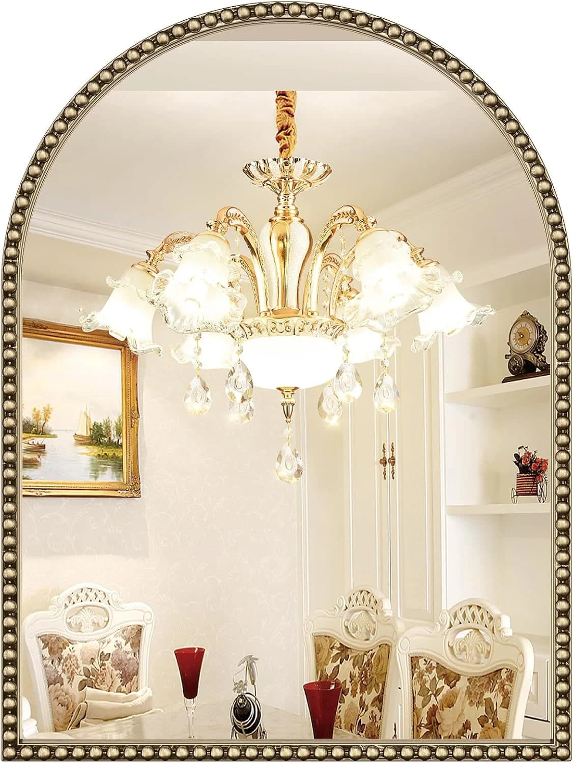 Beaded Arched Mirror for Wall, 30"x40" Gold Arch Brass Bathroom Mirrors, Champagne Bronze Vintage Tempered Glass Mirror