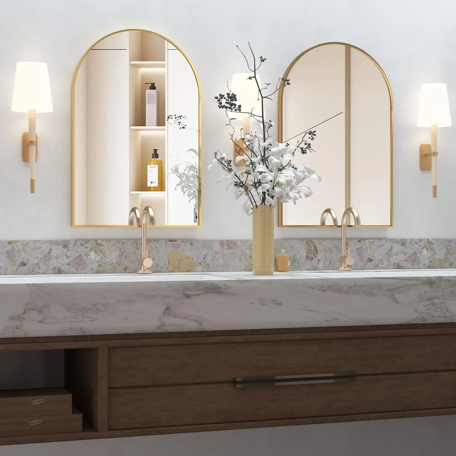 Wall Mounted Mirror, Arched Wall Mirror for Bathroom, 20"x30" Arch Bathroom Mirror with Metal Frame, 2 Piece Gold Vanity