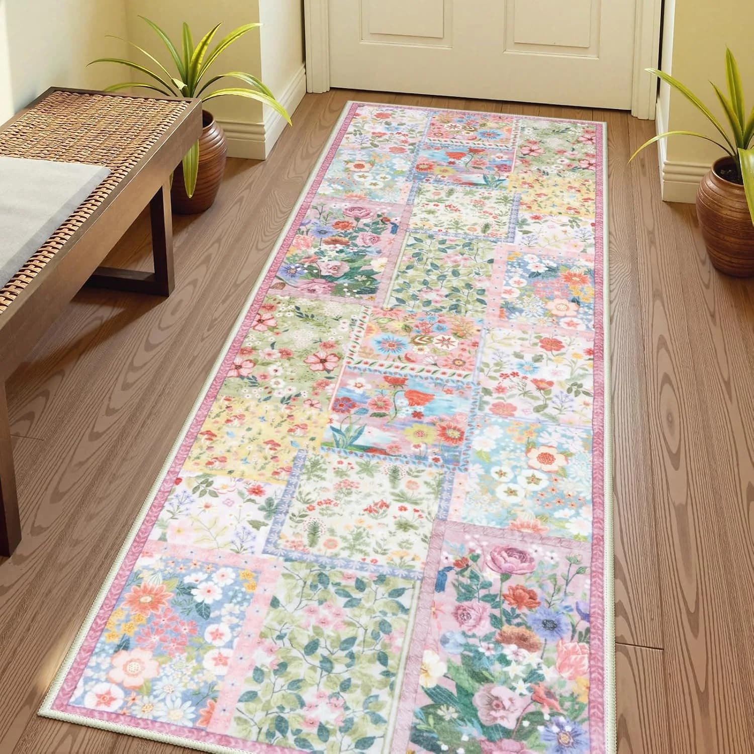 LIVEBOX Pink 2 x 6 Runner Rug for Hallways, Patchwork Washable Rug for Bedroom, Non Slip Pink Runner Rugs for Entryway B