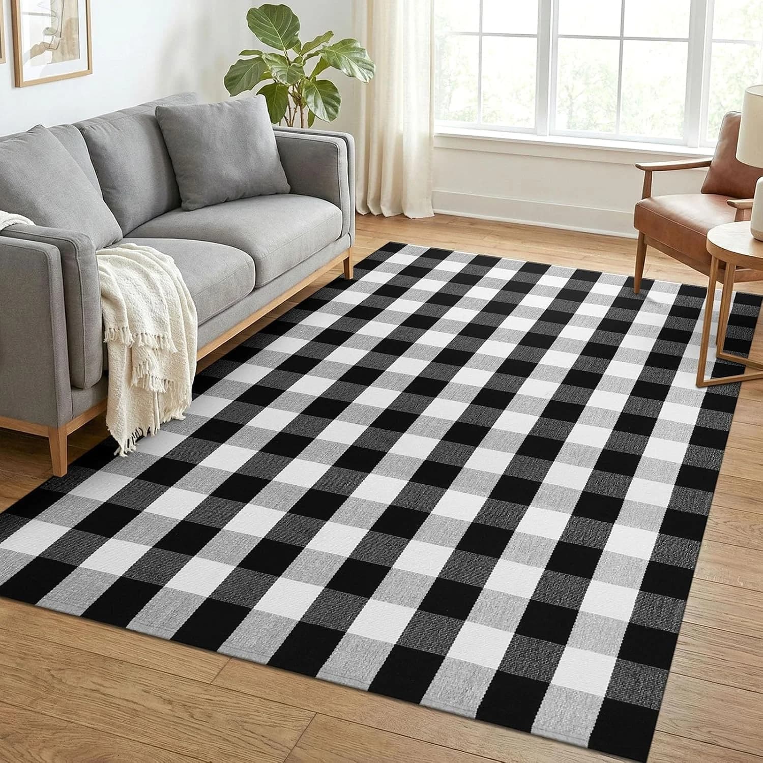 KOZYFLY Buffalo Plaid Area Rug 5x7 ft Living Room Rug, Black and White
