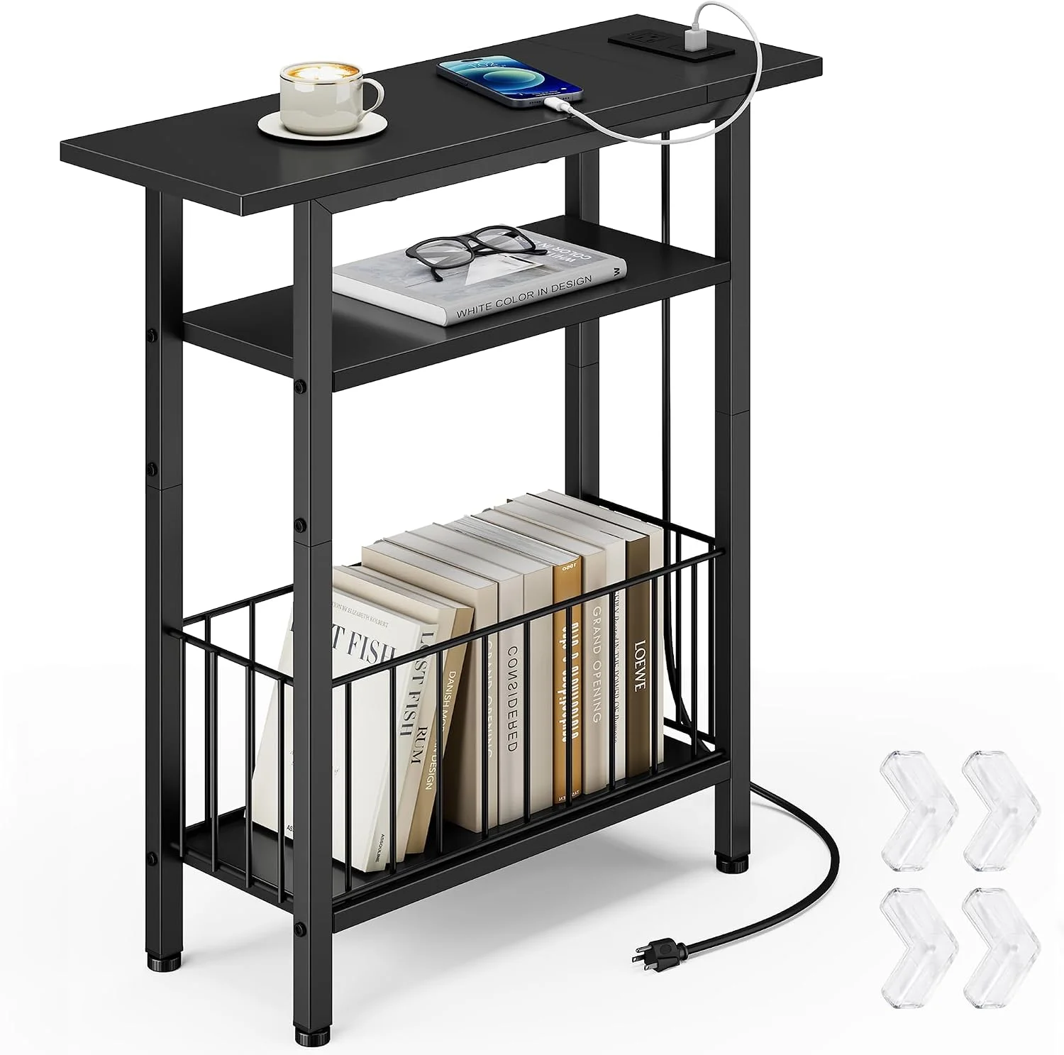 Vagusicc Narrow Side Table with Charging Station, 3-Tier Skinny Side End Table for Couch, Small End Tables for Small Spa