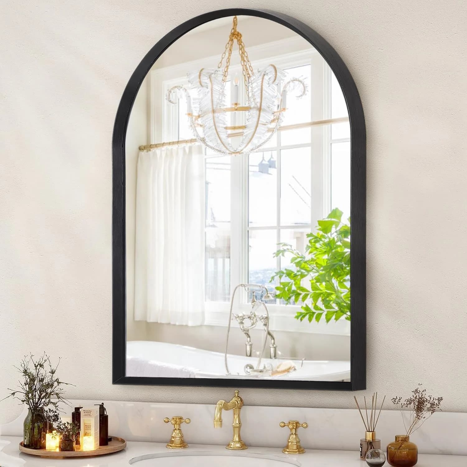 Black Arched Mirror, Modern Bathroom Wall Mirror Aluminum Alloy Framed Mirror Brushed Metal Vanity Wall Mounted Mirror f
