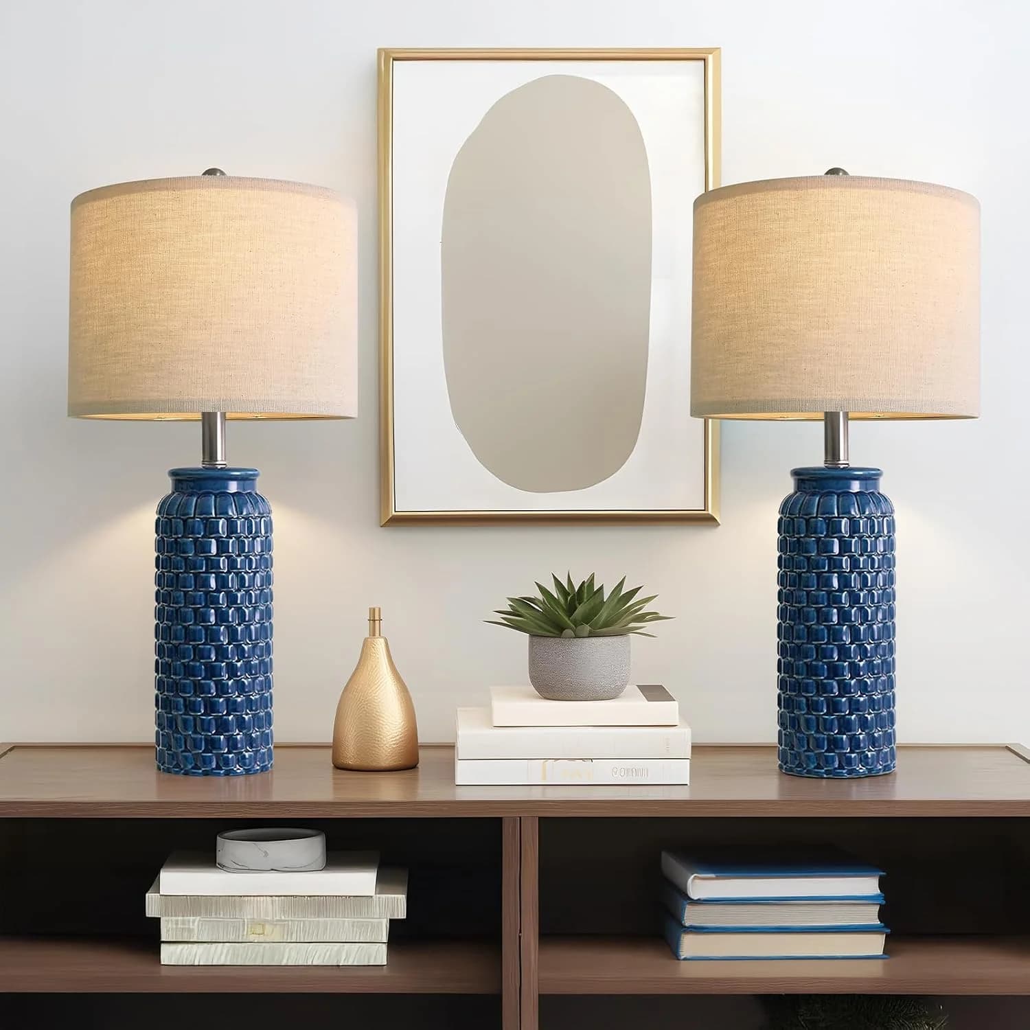 USumkky 24 inches Modern Ceramic Dark Blue Bedside Lamp Set of 2 for Bedroom Decor Farmhouse Table Lamp for Living Room