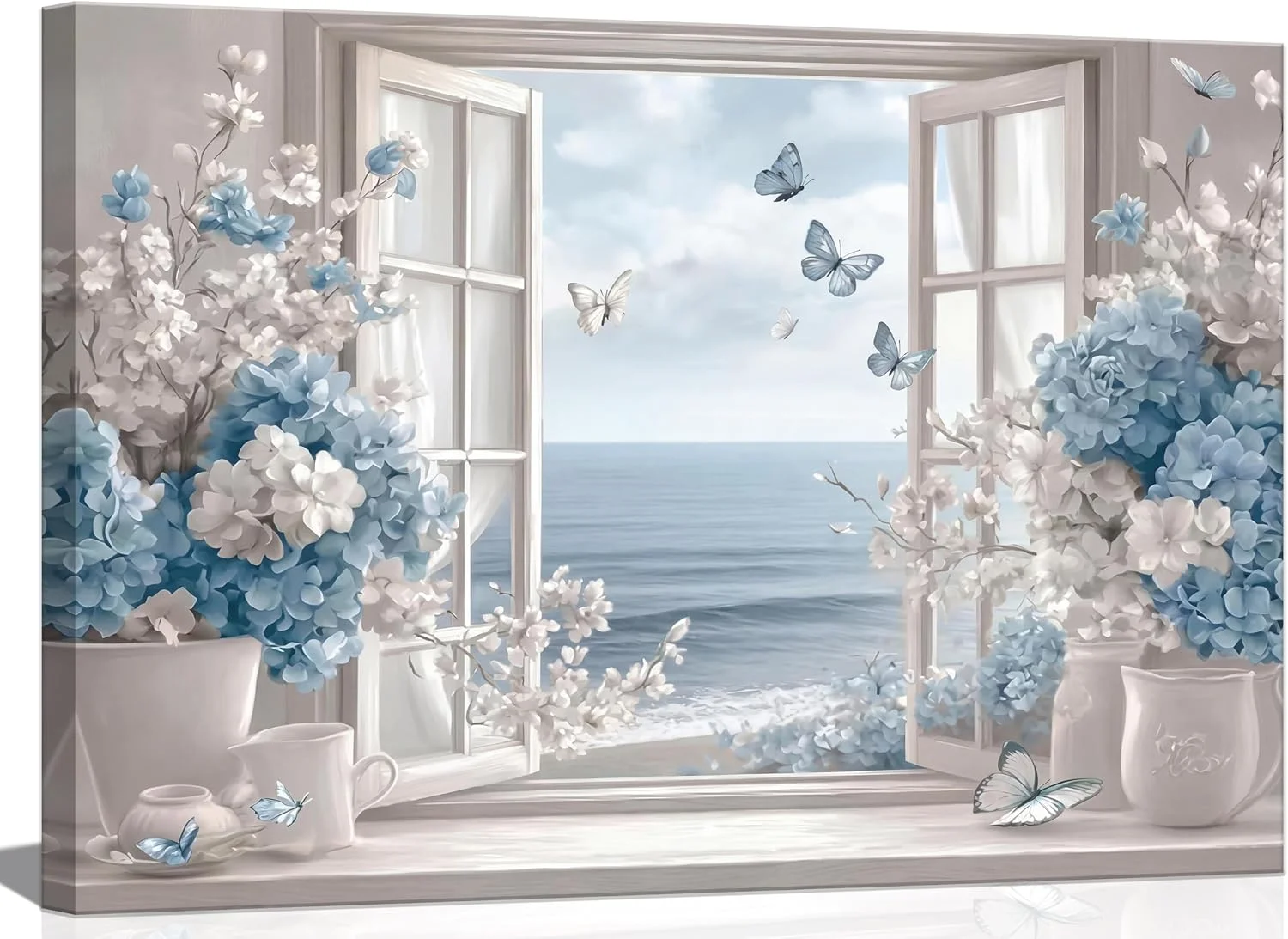 Birnsen Coastal Bathroom Flower Canvas Wall Art Blue Hydrangea Fake Window Painting Picture Wall Decor Sea ​​View Butter