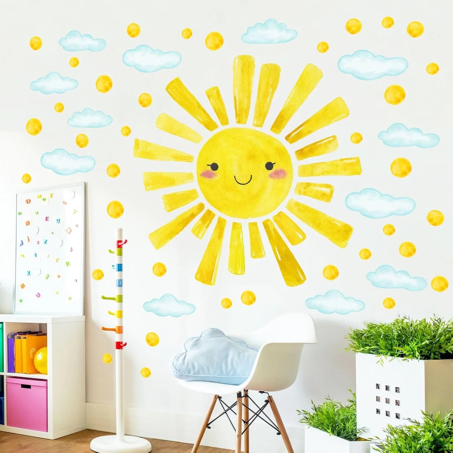 Watercolor Large Sun Wall Decals Cloud Polka Dots Wall Stickers for Kids Room, 12 Sheets Lovely Smile Sun Wall Decor Sti