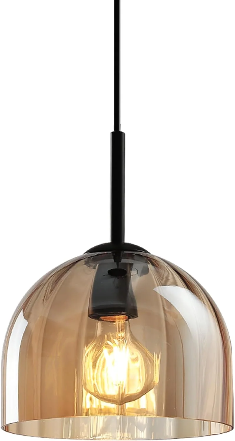 Amber Ribbed Glass Pendant Light Kitchen Island 7.8Inch Black Hanging Lamp