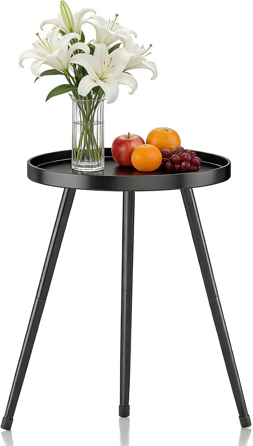 Small Round Side Table, Black Metal End Table Night Stand for Bedroom Living Room Office
