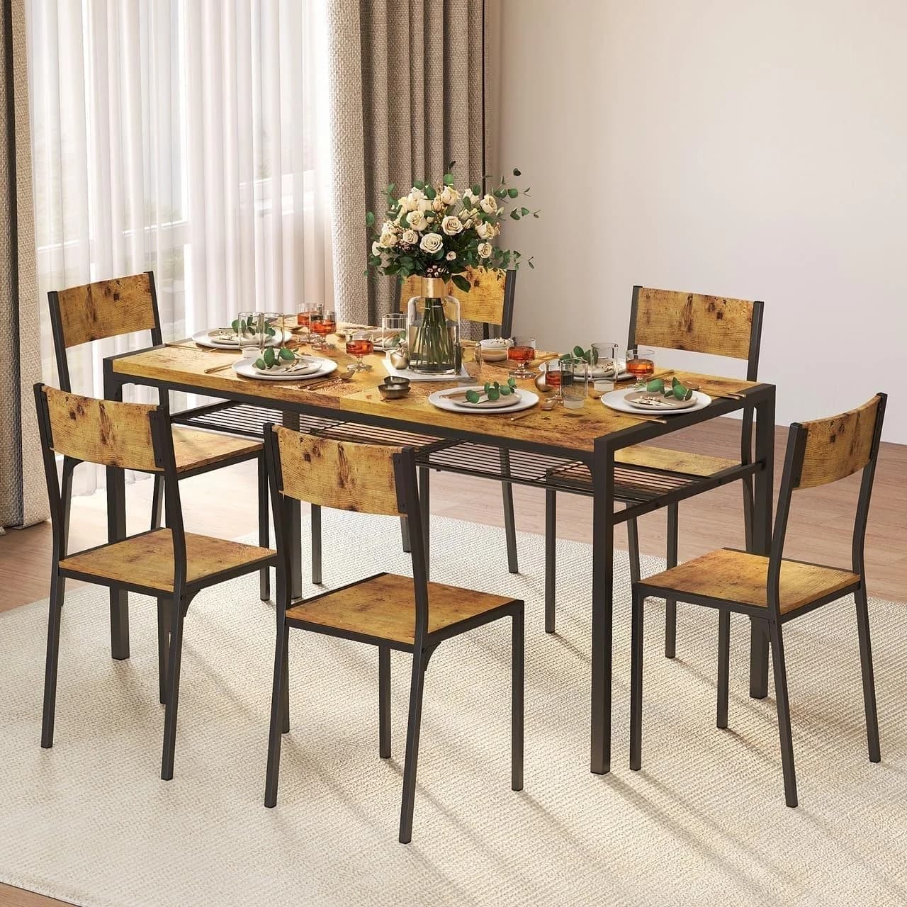 Gizoon 7-Piece Dining Table Set for 6, Kitchen Table with Chairs Rustic