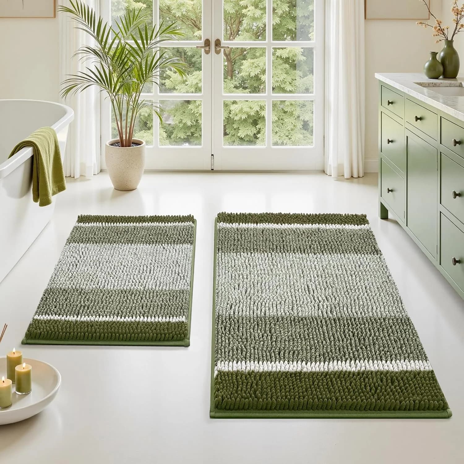 HOMEIDEAS Sage Green Bathroom Rugs Set, Striped Chenille, 20"x32"+17"x24"