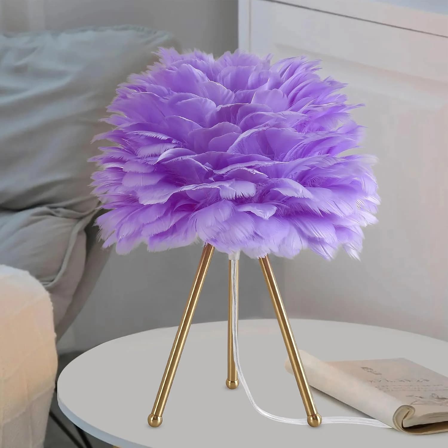 Capslpad Feather Tripod Table Lamp 15.3" Purple Modern Small Bedside Desk Lamp with Gold Finish Nightstand Lamp for Livi
