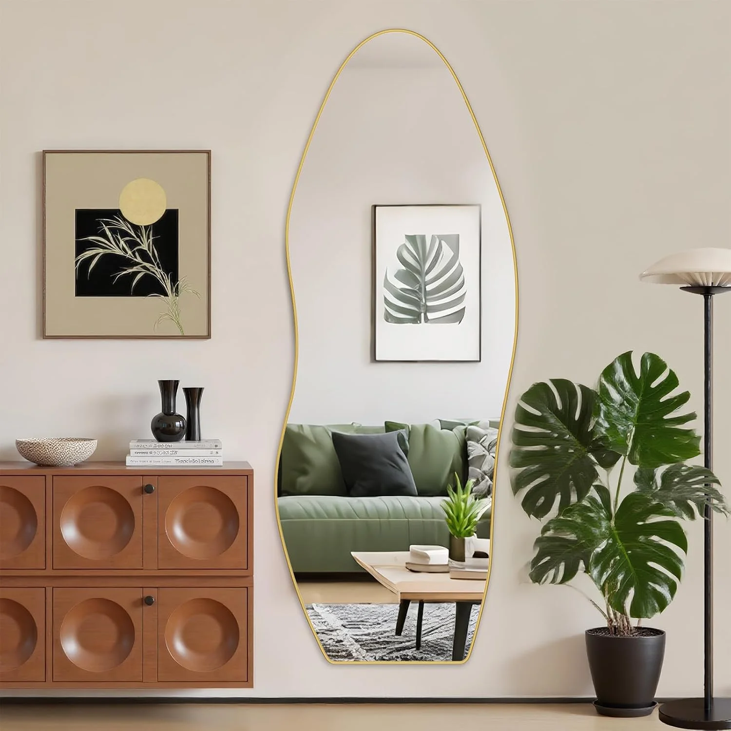 Antok Irregular Full Length Mirror, 68"x26" Asymmetrical Floor Mirror with Stand, Standing Hanging Leaning Irregular Mir