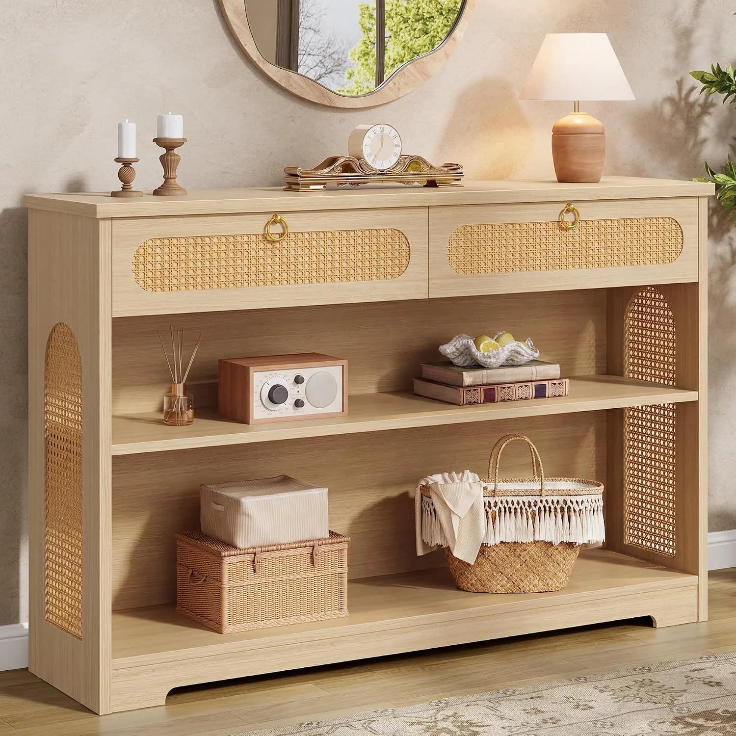 Hoctieon Rattan Console Table with 2 Drawers, 3-Tier Boho Woven Entryway Table with Back Panel and Open Storage Shelf, 4