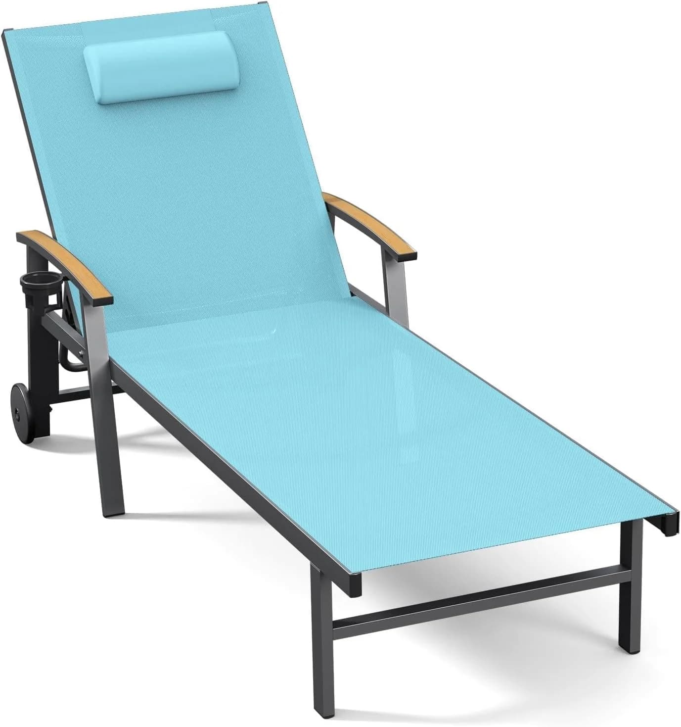 Ciokea Outdoor Lounge Chair with Pillow, 5-Position Chaise Lounge with Wheels & Armrests, 400 lbs Heavy Duty Aluminum Po