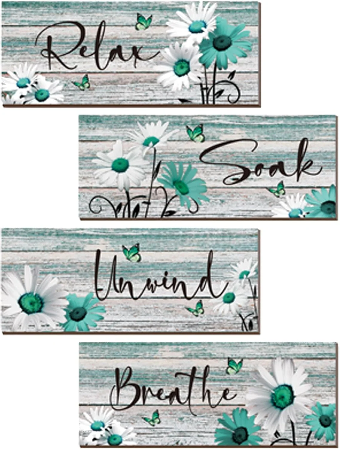 ZINYAZHE 4 Pcs Farmhouse Bathroom Wall Decor Teal Daisy Floral Flowers and Turquoise Butterfly Teal Bathroom Art Relax S