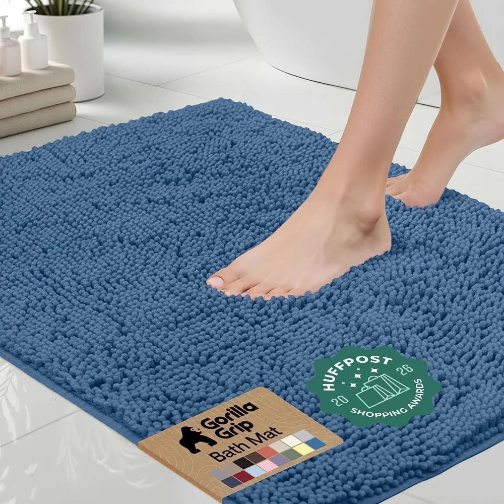 GORILLA GRIP Bath Rug Mat for Bathroom, Absorbent Chenille, 24x17 Blue