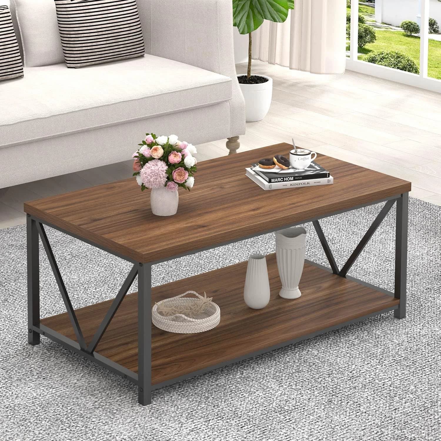FOLUBAN Coffee Table, Modern Center Table with Storage Shelf, Rustic Wood and Metal Cocktail Table for Living Room, 39.3