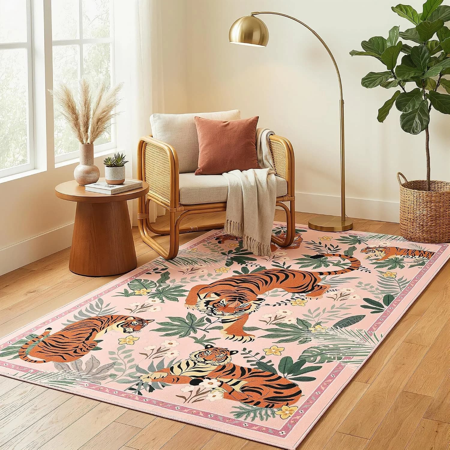 Zentavio Pink Tiger Area Rug 3x5, Vintage Animal Print Rug, Washable Non Slip Eclectic Maximalist Carpet for Bedroom Liv
