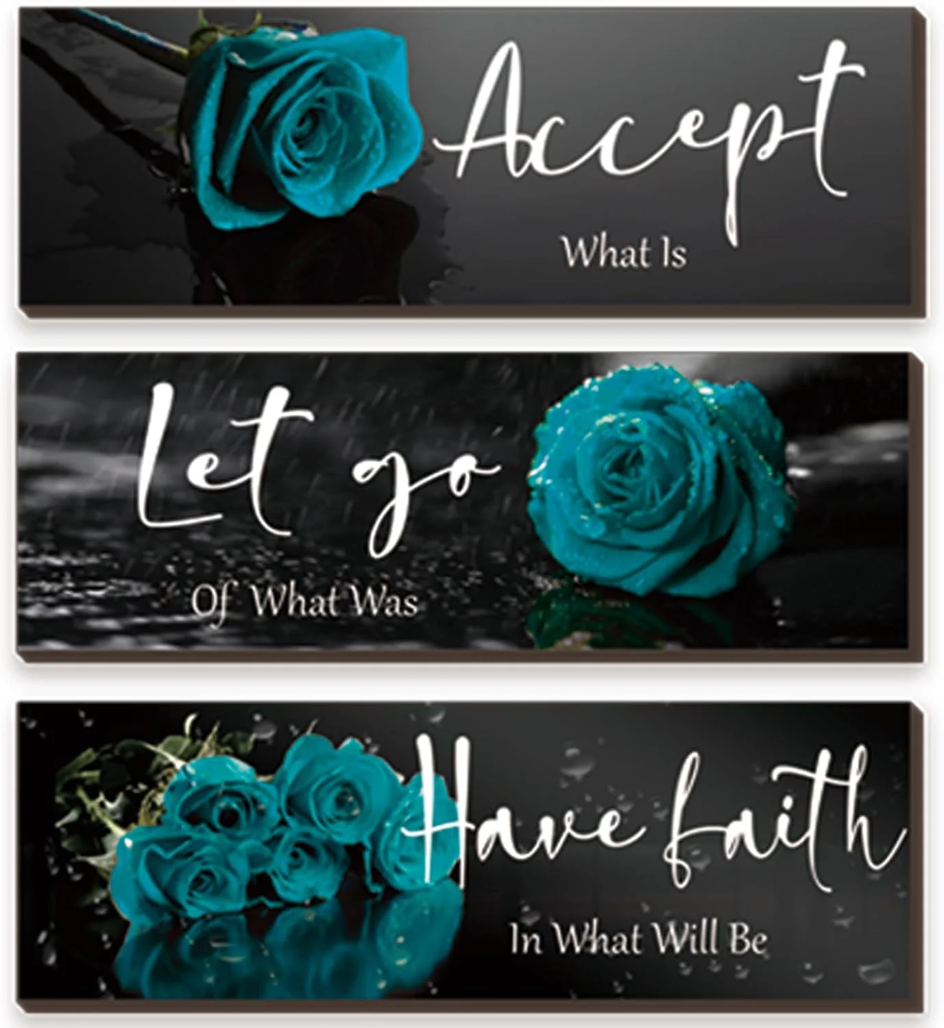 ZINYAZHE 3 Pcs Teal wall decor Inspirational Teal Bathroom Decor Wooden Rose Wall Art Turquoise Office Decoration with A