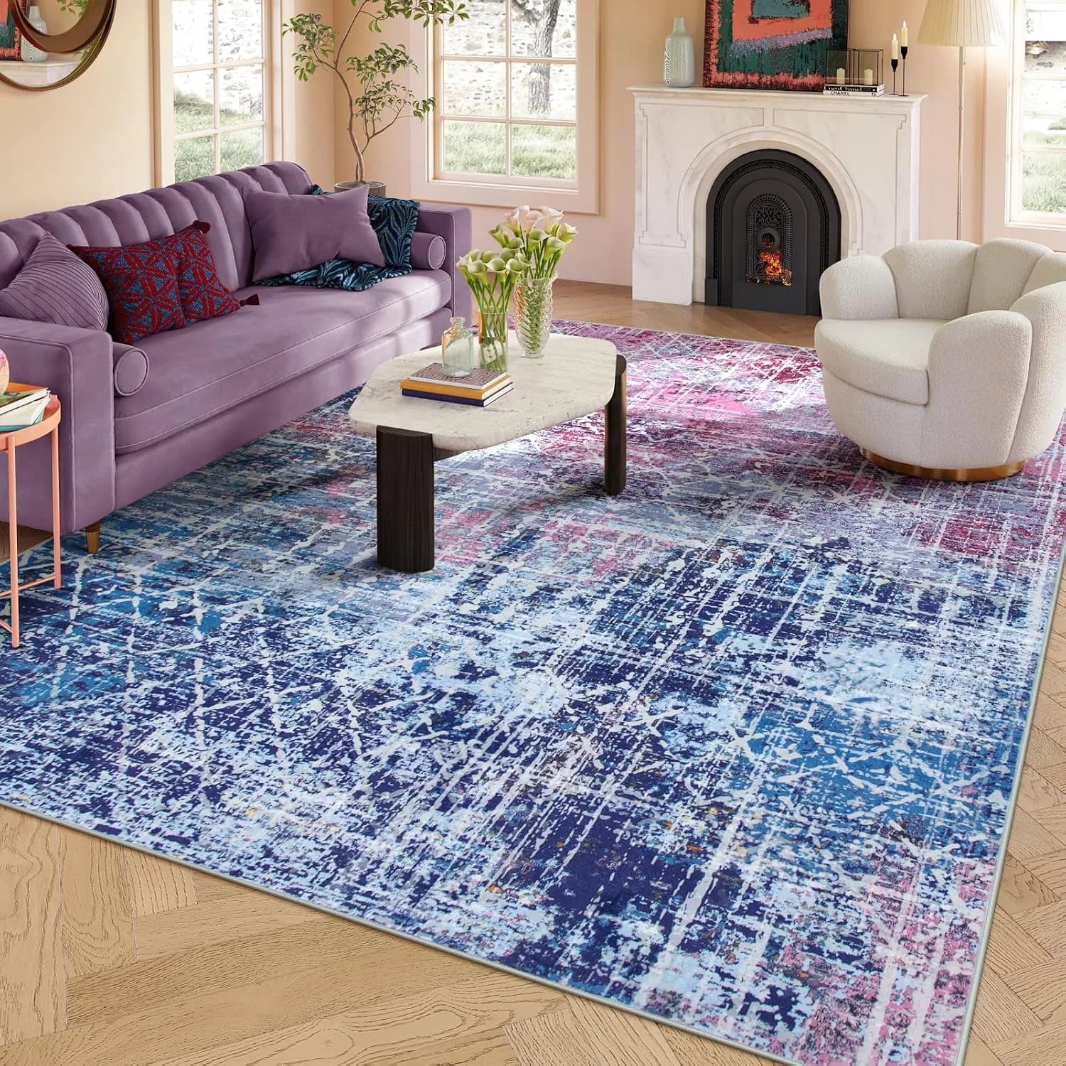Zealude Abstract Boho Blue Pink Rugs for Bedroom Girls Kids, Washable 8x10 Area Rug for Living Dining Room, Colorful Pre