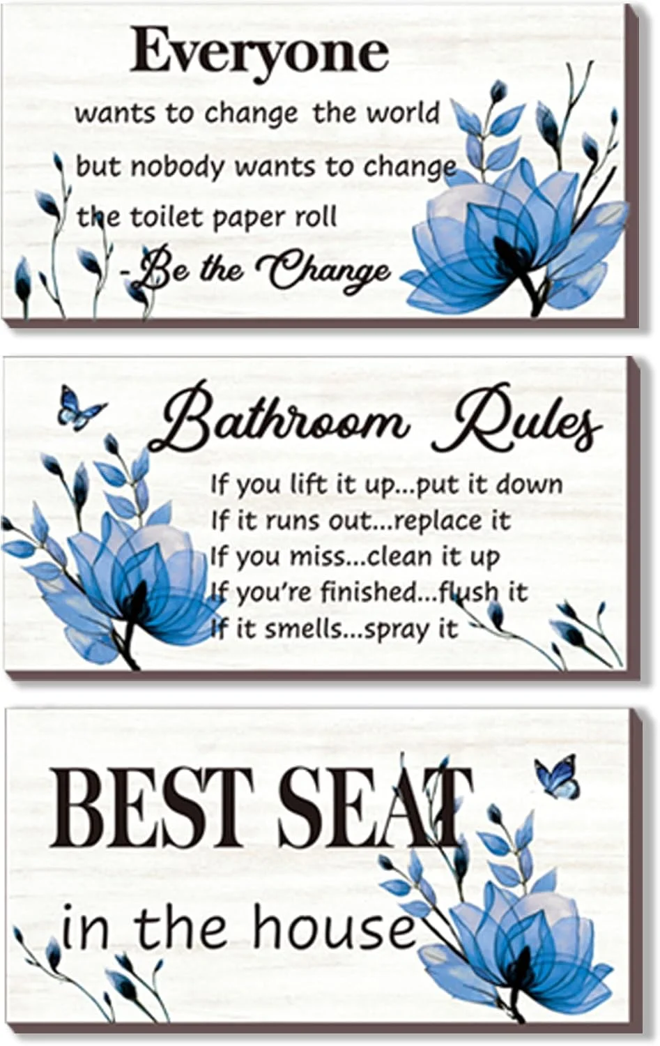 DONFENTHY 3-Piece Blue Bathroom Decor: Bathroom Rules Wall Art - Blue Flower Signs - 'Best Seat in The House' Rustic Far