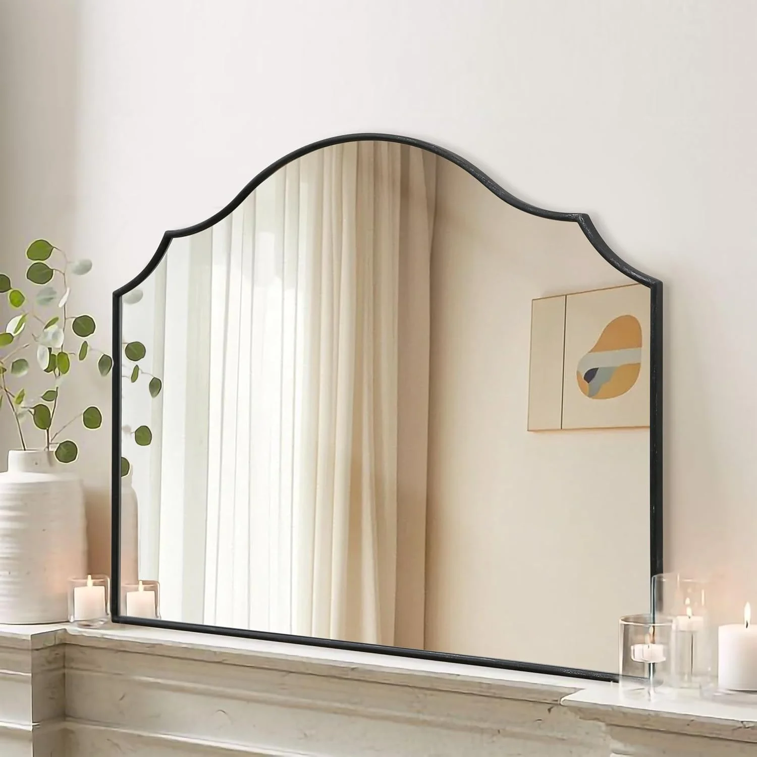 Besdomus Black Scalloped Dresser Mirror: 35"x26" Wooden Bathroom Mirror