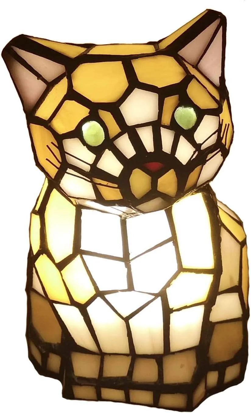 Bieye L10211 Yellow Cat Tiffany Style Stained Glass Accent Table Lamp