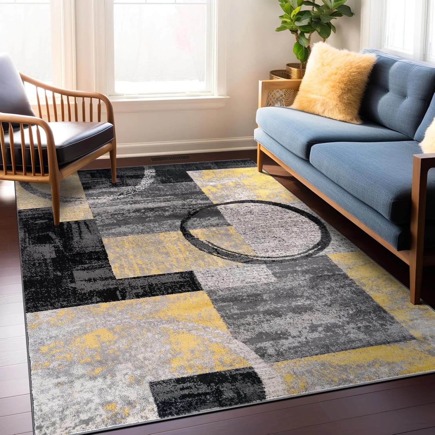 Rugshop Circle Design Contemporary Jute Backing Area Rug Yellow 5'3" x 7'3"