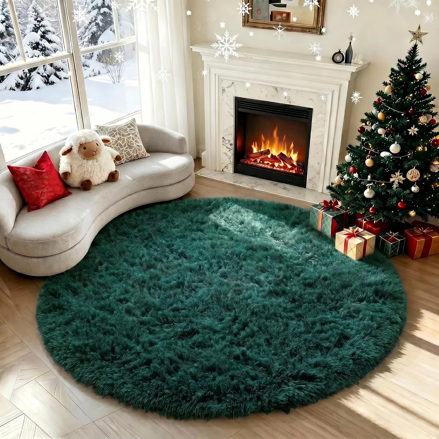 Dark Green 4x4 Round Rugs for Boys Bedroom, Fluffy Rugs for Kids Teen Room