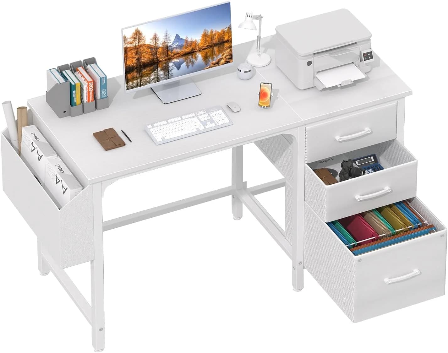 Lufeiya White Desk with File Drawers Cabinet, 47 Inch Reversible Computer Desk with Fabric Filing Cabinet for Bedroom Sm