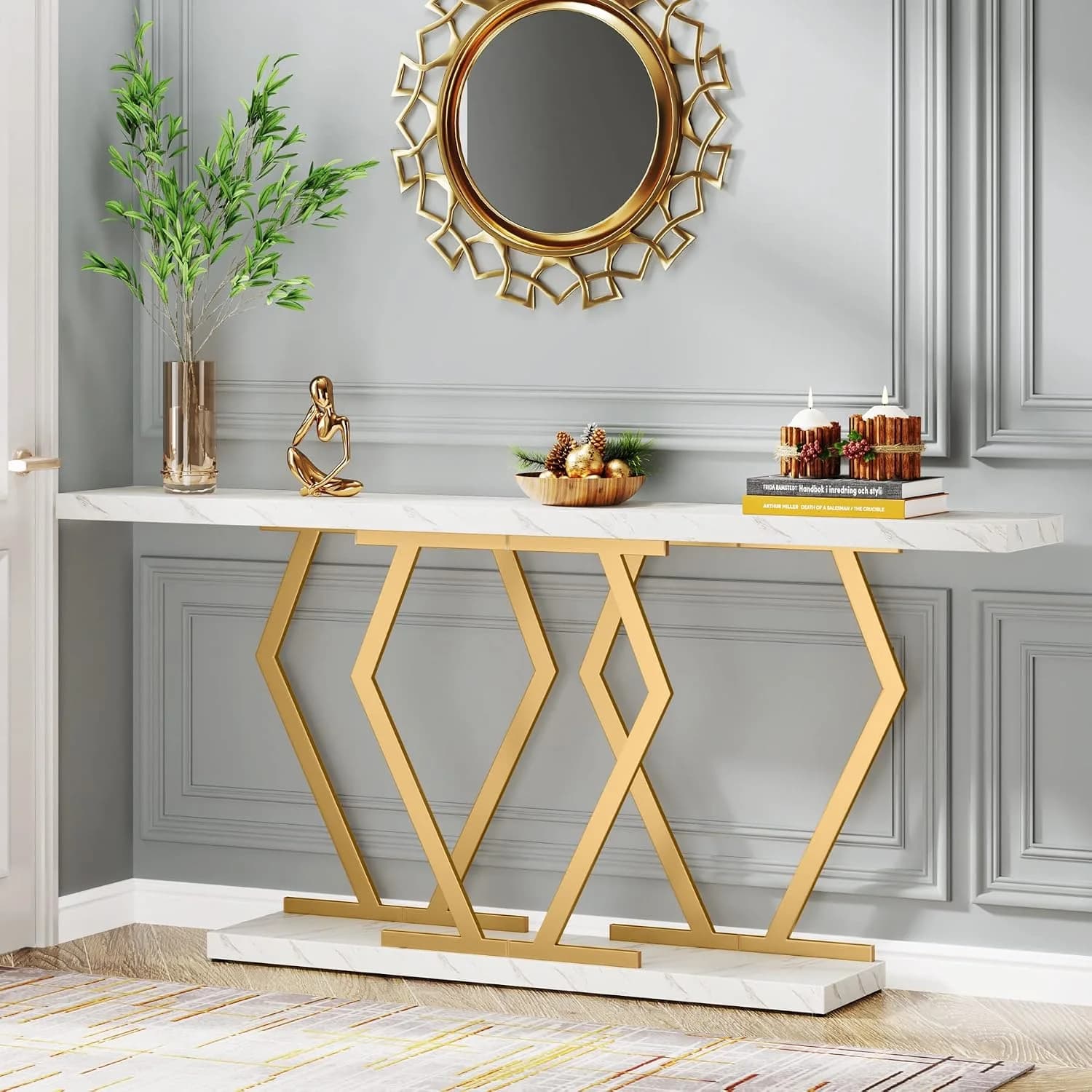 Tribesigns 70.9 Inch Extra Long Sofa Table， White and Gold Console Table with Faux Marble Tabletop, Modern Long Entryway