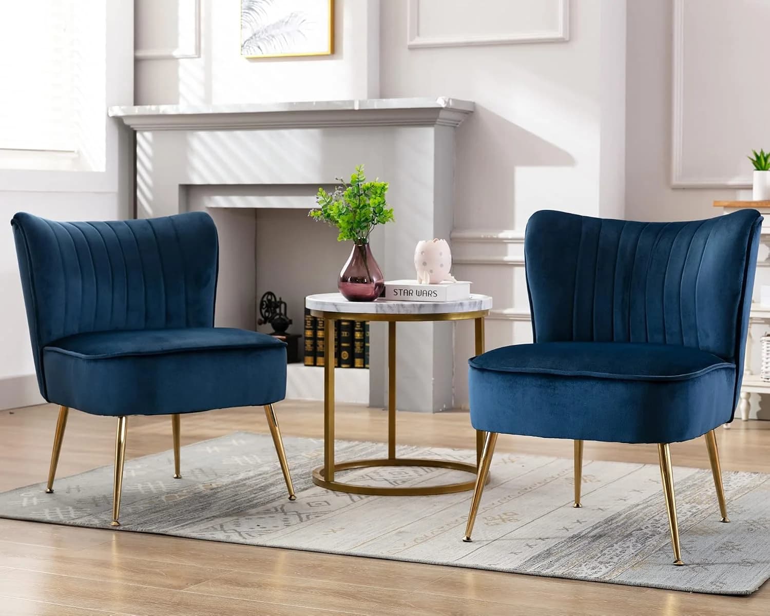 Velvet Accent Chair Set of 2 Comfy Living Room Chair Armless Slipper Chair Mid Century Side Single Sofa Chair with Golde