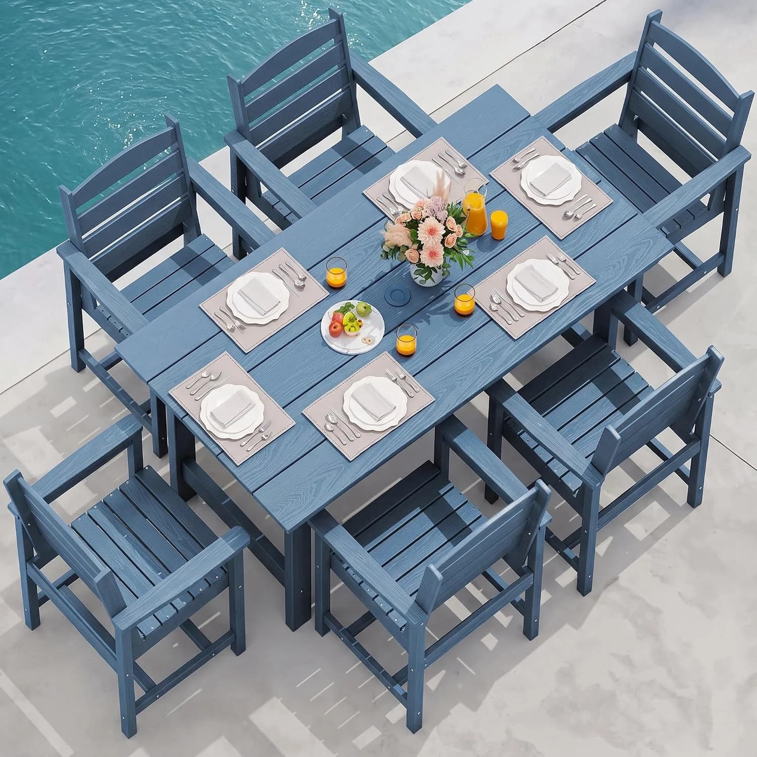 SERWALL 7 Pcs Outdoor Dining Set, 67" HDPE Dining Set for 6, Blue