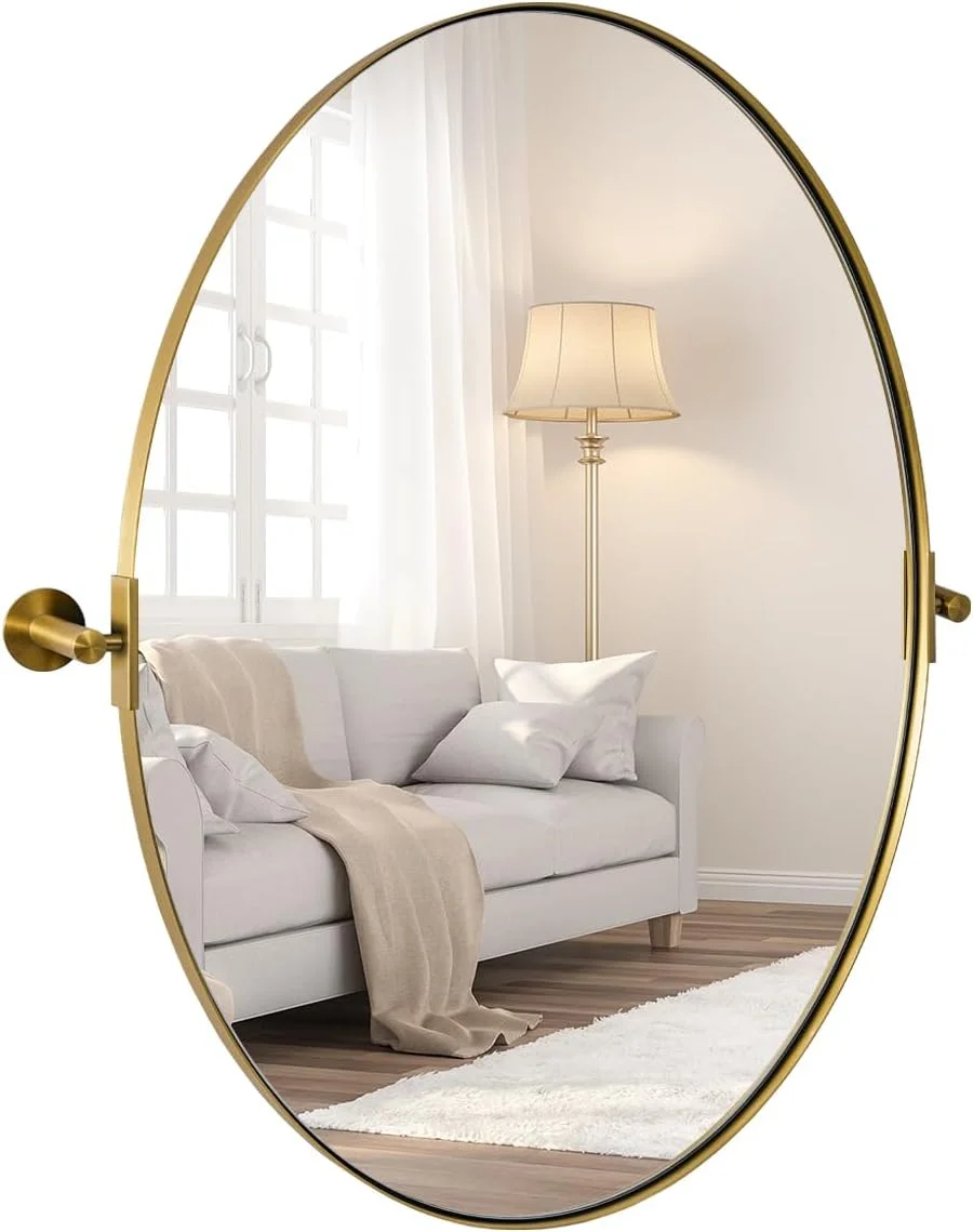 ANDY STAR Gold Bathroom Mirror, 20" x 30" Tilting Vanity Oval Mirror for Wall, Brushed Gold Stainless Steel Metal Frame