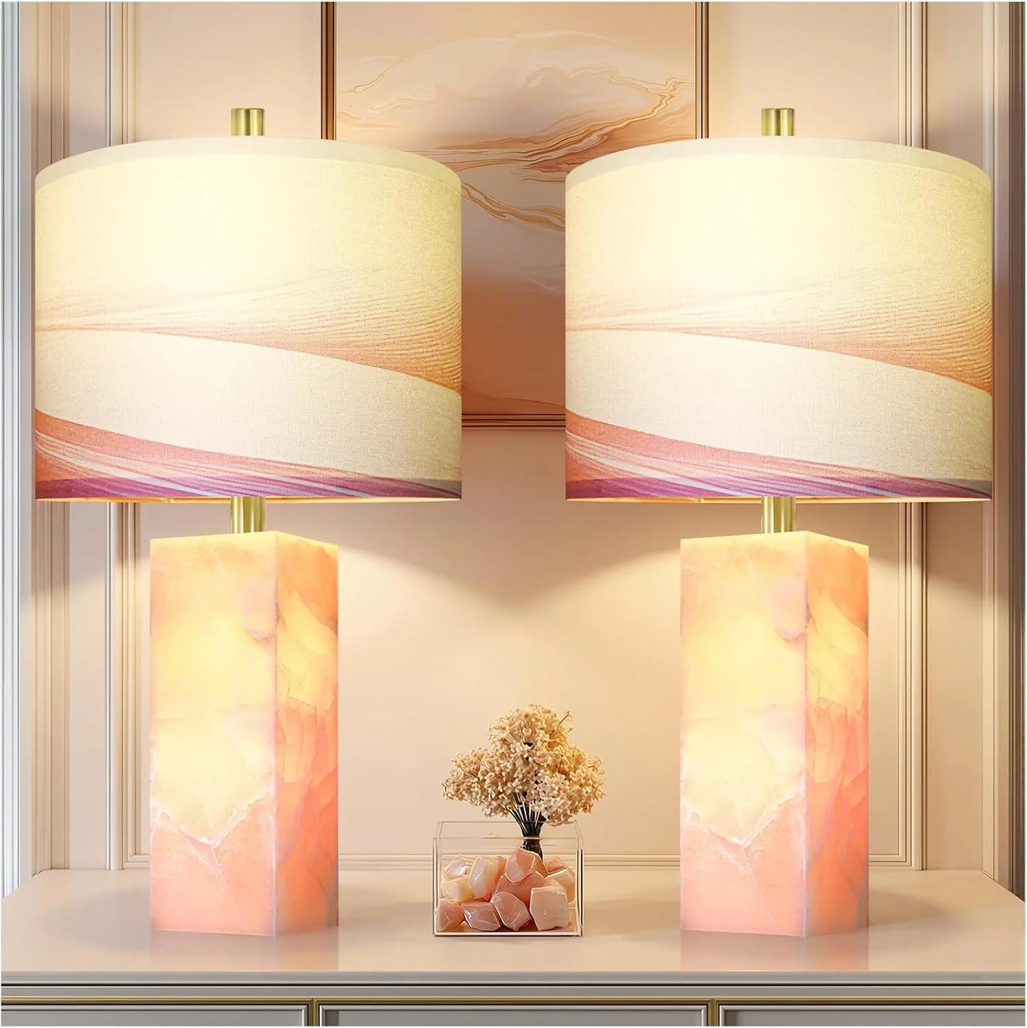 Scenekoy 23" Alabaster Table Lamp Set of 2 with Night Light for Bedroom