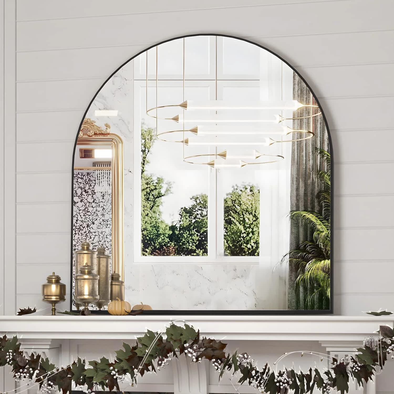 Manocorro Arched Wall Mounted Mirror, 31" x 33" Black Arch Bathroom Mirror, Fireplace Mirror, Aluminum Alloy Frame Vanit