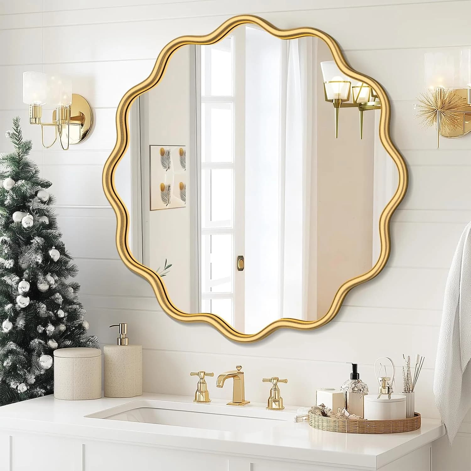 PROHOMEWARE Gold Round Mirror 28 Inch Wavy Bathroom Vanity Mirror Gold Frame Modern Wall Mirror Decorative Wall-Mounte A