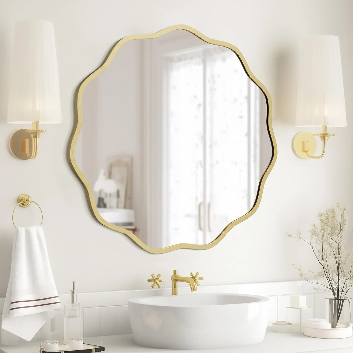 WallBeyond Round Wavy Mirror for Wall Decorative 24 inch, Modern Round Mirror Aluminum Frame for Bathroom Bedroom Living