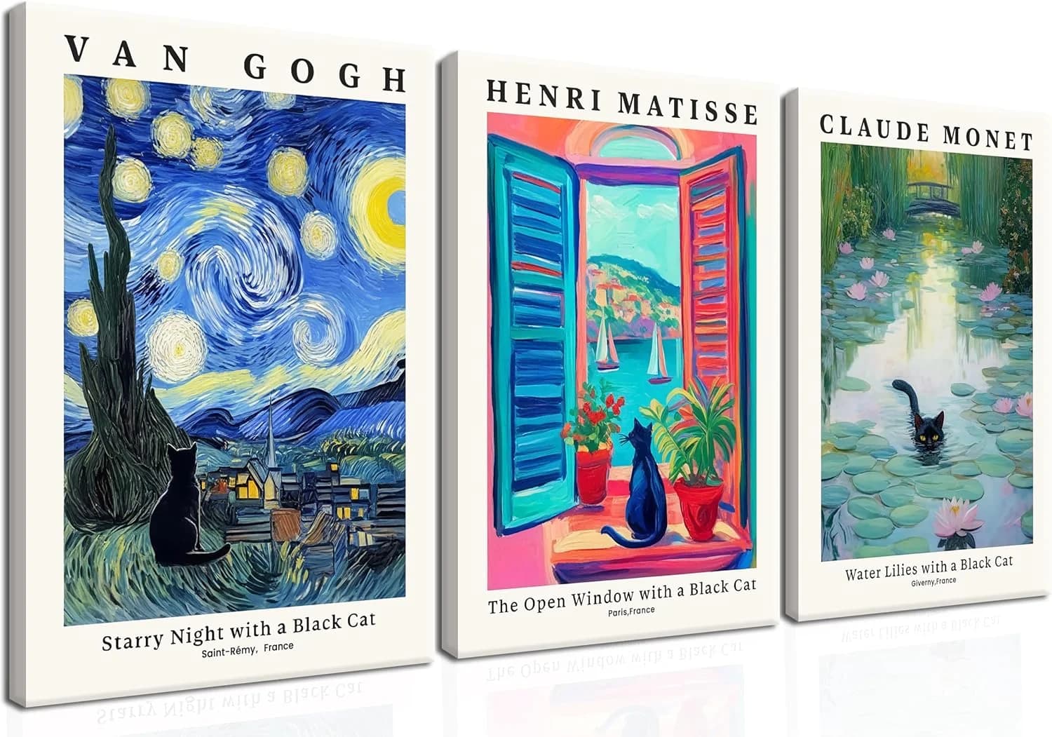 MUWAK Framed Black Cat Canvas Wall Art Set of 3 – Van Gogh Matisse Monet Inspired Paintings Art Prints, Funny Cat Aesthe