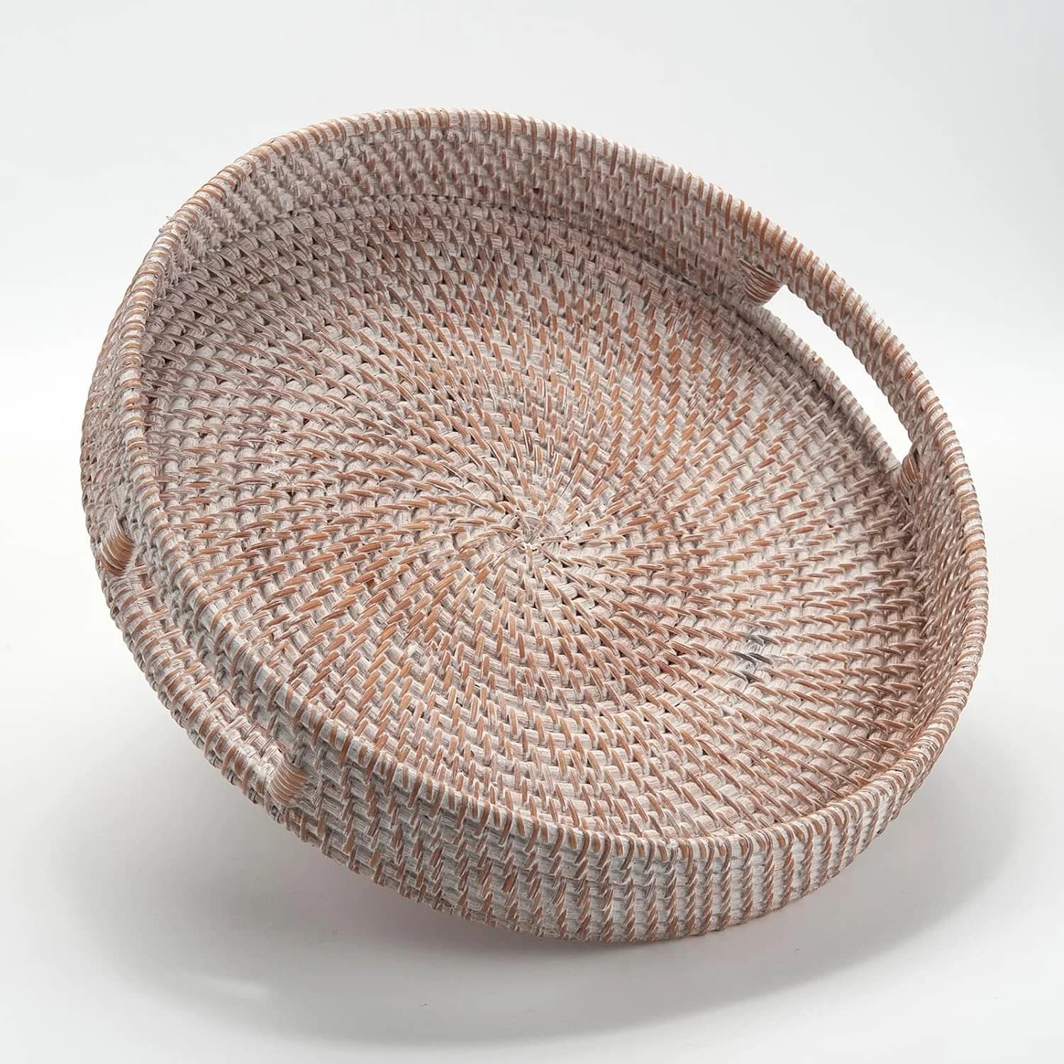 Coffee Table Tray Round Rattan Ottoman Tray Woven Serving Trays with Handles for Home and Kitchen Decorative White (Larg