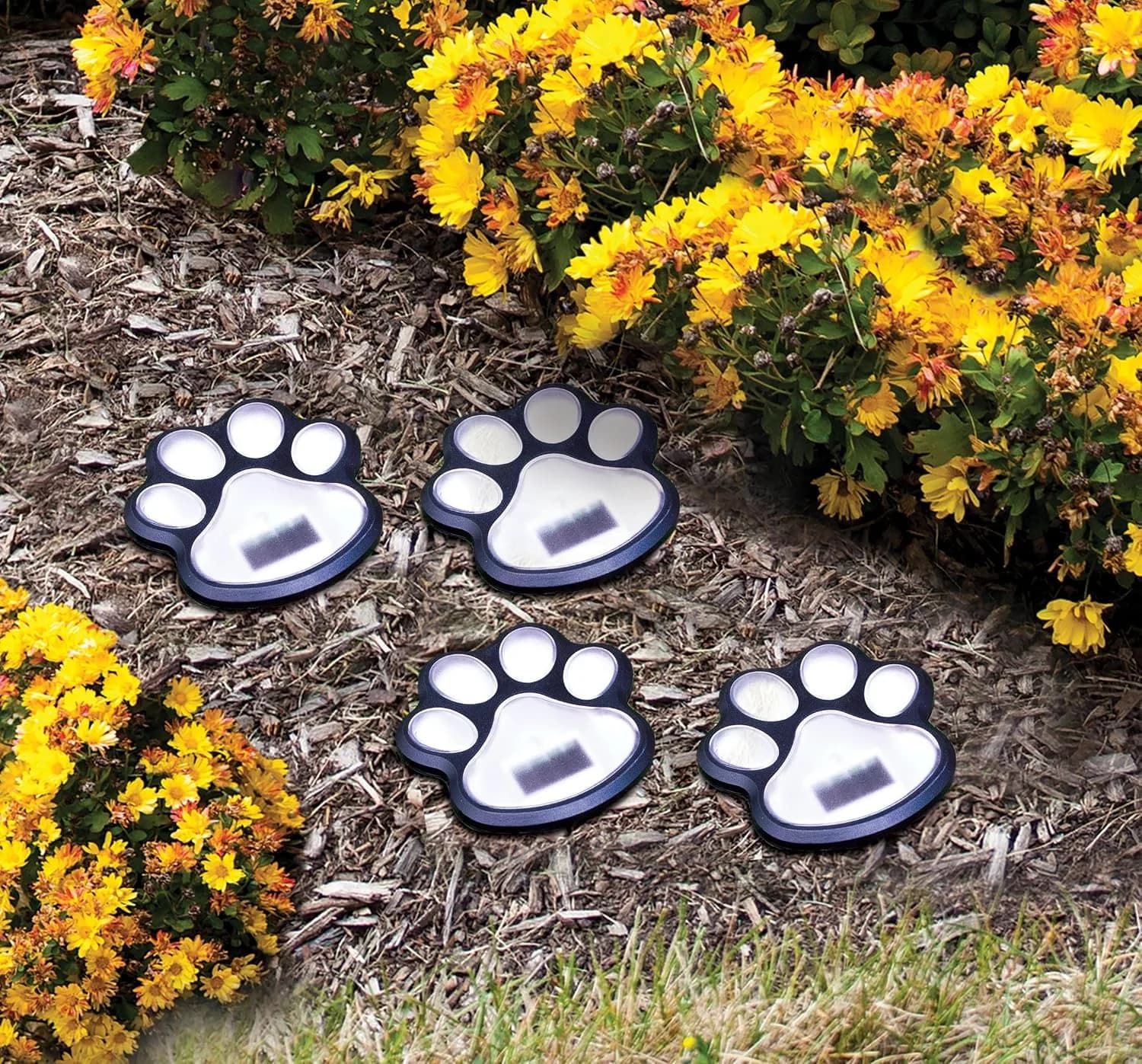 Wireless Set of 4 Solar Dog Paw Print Lights Garden Statue Lantern LED Path 3.75" Light Outdoor Animal Pet Lamp