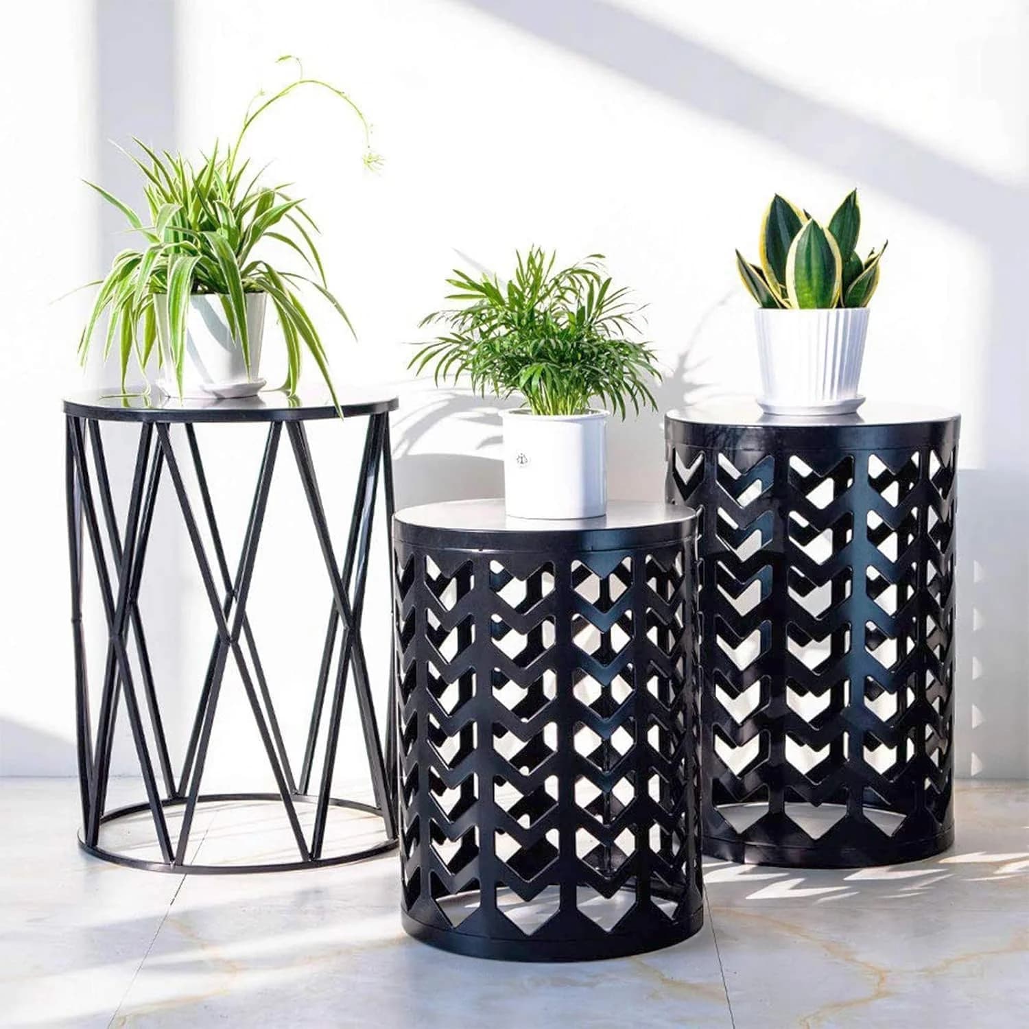 Y&M Set of 3 Black End Tables, Nesting Metal Round Coffee Table, Heavy Duty Meta Plant Stand Decorative Garden Stool, Ou