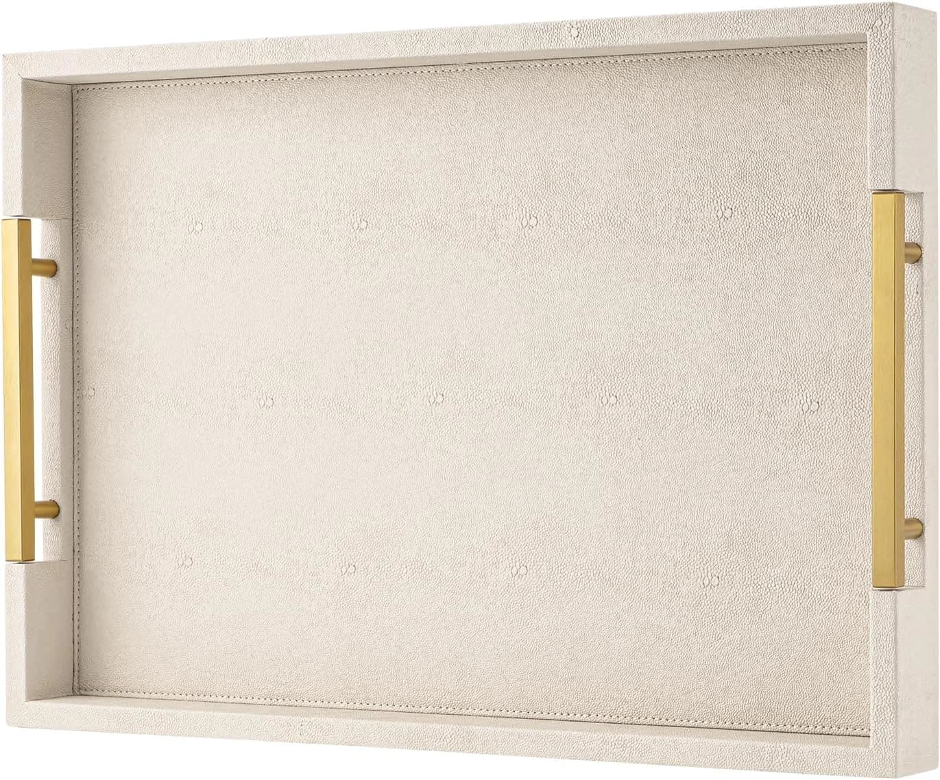 Beige Faux Leather Serving Tray with Handles – Large Decorative Tray for Coffee Table, Ottoman, Living Room, Bathroom –