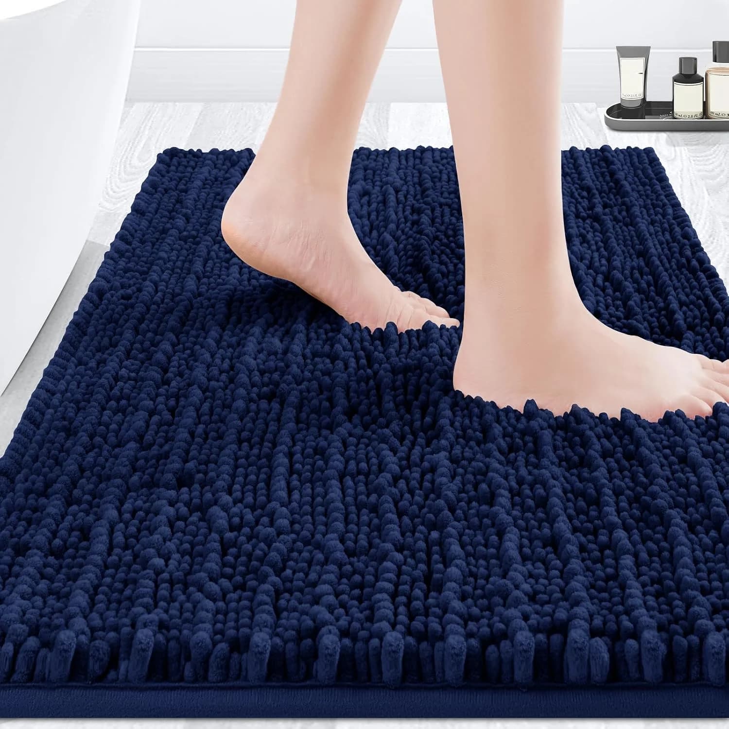 ACCUMTEK Upgrade Luxury Navy Blue Bathroom Rug Mat 32"x20", Ultra Soft Thick Absorbent Bath Mats, Non Slip Chenille Toil