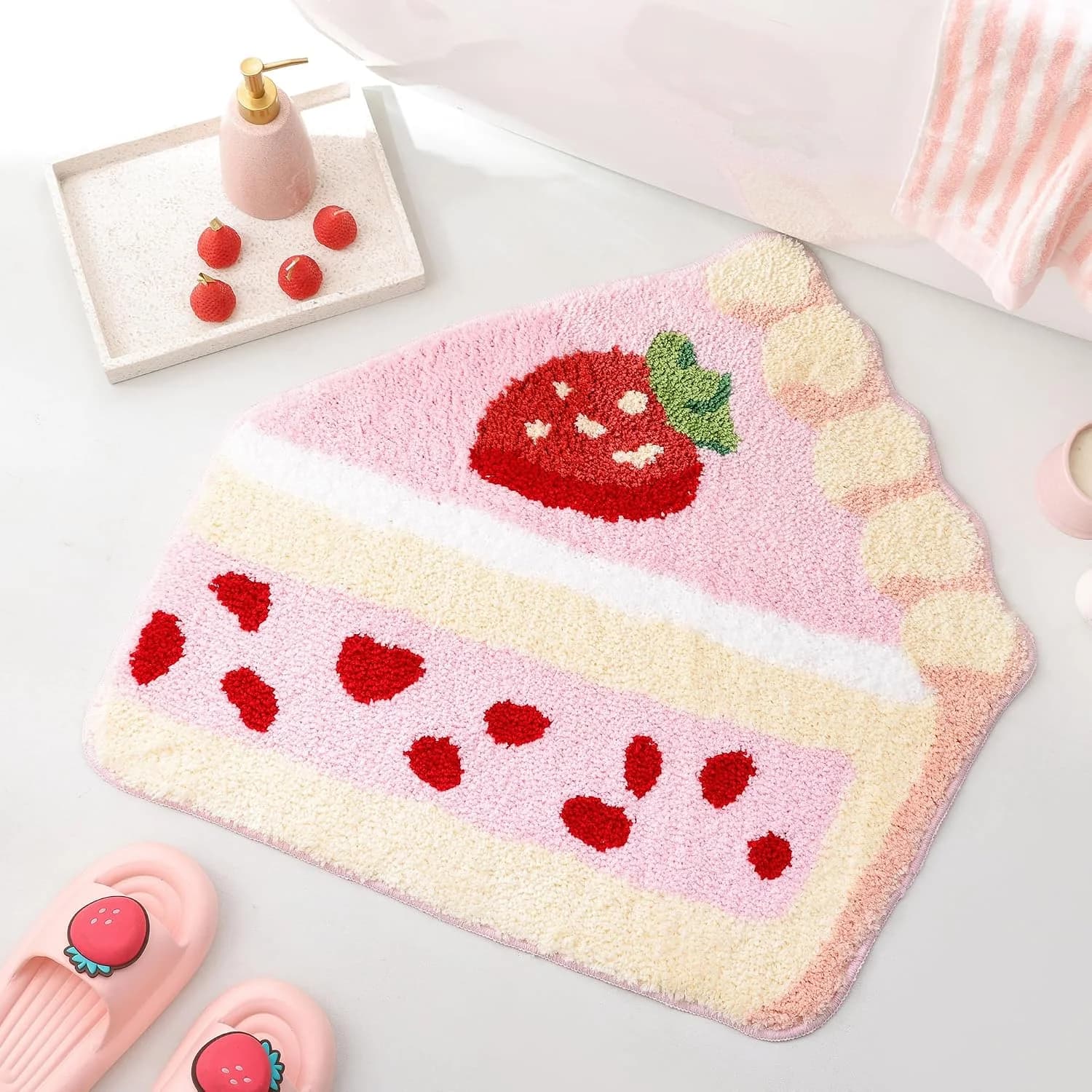 FROZZUR Strawberry Cake Bath Mat Cute Pink Bathroom Rugs for Bedroom, Soft Washable Rug Non Slip Kitchen Bath Mats for B